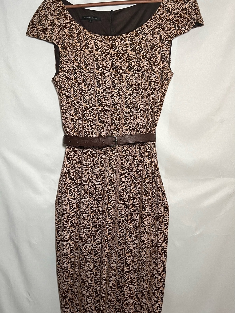 David Meister Brown and Tan Patterned Cap-Sleeve Midi Dress with Belt